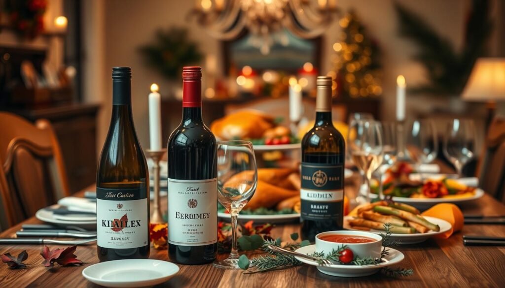 A beautifully arranged holiday dinner setting showcasing a wine pairing theme. In the foreground, there is an elegant wooden dining table adorned with festive decorations, including autumn leaves, candles, and fine china. A selection of wine bottles sits prominently, labeled with names and regions, showcasing red, white, and sparkling options. The middle ground features an array of delicious dishes, such as roasted turkey, cranberry sauce, and seasonal vegetables, elegantly presented on platters. In the background, a softly lit dining room with warm ambient lighting creates a cozy and inviting atmosphere. The scene captures a sense of celebration and togetherness, with a slight out-of-focus view for depth. The image should facilitate a warm, inviting mood suitable for a festive holiday gathering. A beautifully arranged holiday dinner setting showcasing a wine pairing theme. In the foreground, there is an elegant wooden dining table adorned with festive decorations, including autumn leaves, candles, and fine china. A selection of wine bottles sits prominently, labeled with names and regions, showcasing red, white, and sparkling options. The middle ground features an array of delicious dishes, such as roasted turkey, cranberry sauce, and seasonal vegetables, elegantly presented on platters. In the background, a softly lit dining room with warm ambient lighting creates a cozy and inviting atmosphere. The scene captures a sense of celebration and togetherness, with a slight out-of-focus view for depth. The image should facilitate a warm, inviting mood suitable for a festive holiday gathering.