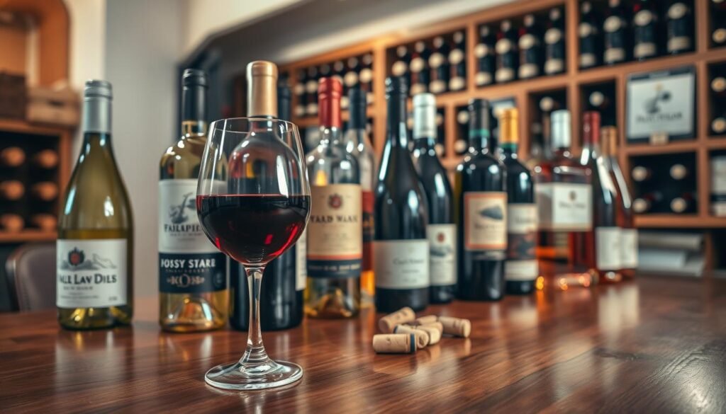 A beautifully arranged selection of various wine bottles on a polished wooden table, showcasing an elegant variety of reds, whites, and rosés. In the foreground, a crystal wine glass filled with a deep red wine reflects soft, warm lighting. In the middle ground, wine bottles with classic labels are artfully placed, some uncorked, revealing the corks beside them. Behind this setup, a charming wine cellar is subtly visible, lined with shelves filled with more bottles, creating an inviting and educational ambiance. The warm, ambient light highlights the textures of the wood and glass, fostering a mood of sophistication and expert craftsmanship. The scene captures the essence of wine appreciation and service, ideal for an educational and informative context.