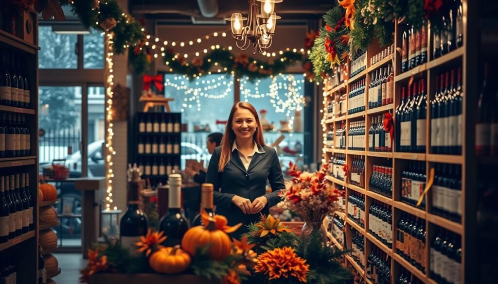 A beautifully decorated holiday store interior, filled with shelves stocked with an array of festive wines and spirits. In the foreground, a warm wooden display features bottles elegantly arranged with autumn-themed decorations, like pumpkins and fall leaves. The middle space showcases a friendly staff member, dressed in a smart casual outfit, assisting a customer with a cheerful smile. In the background, twinkling fairy lights illuminate the shelves, adding a cozy, inviting atmosphere. The store windows reveal a light snowfall outside, enhancing the holiday spirit. Soft, warm lighting creates a welcoming glow, viewed from a slightly angled perspective to emphasize depth. Overall, the mood conveys a bustling yet friendly holiday shopping experience, perfect for Thanksgiving preparations. A beautifully decorated holiday store interior, filled with shelves stocked with an array of festive wines and spirits. In the foreground, a warm wooden display features bottles elegantly arranged with autumn-themed decorations, like pumpkins and fall leaves. The middle space showcases a friendly staff member, dressed in a smart casual outfit, assisting a customer with a cheerful smile. In the background, twinkling fairy lights illuminate the shelves, adding a cozy, inviting atmosphere. The store windows reveal a light snowfall outside, enhancing the holiday spirit. Soft, warm lighting creates a welcoming glow, viewed from a slightly angled perspective to emphasize depth. Overall, the mood conveys a bustling yet friendly holiday shopping experience, perfect for Thanksgiving preparations.