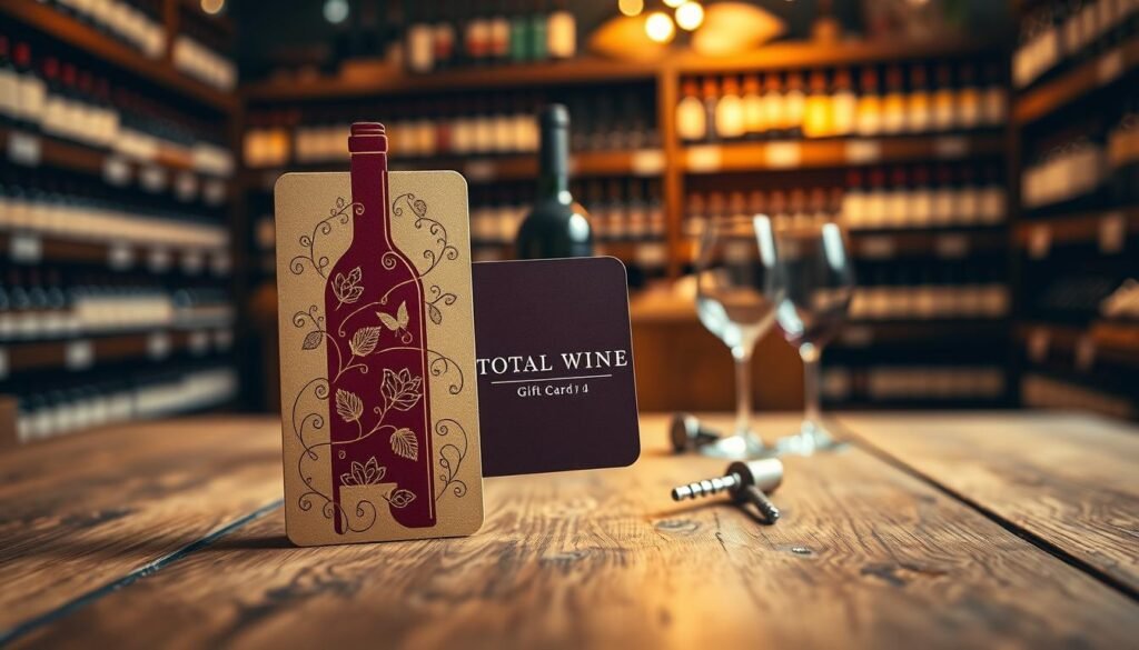 A beautifully designed Total Wine gift card prominently displayed in the foreground, showcasing an elegant wine bottle silhouette with intricate grapevine illustrations surrounding it. The card's design features rich burgundy and gold colors, exuding sophistication and luxury. In the middle ground, a rustic wooden table adorned with wine glasses and a corkscrew is softly lit, emphasizing the inviting atmosphere of a winery. The background includes blurred shelves filled with various wine bottles in an upscale store setting, illuminated by warm, ambient lighting to create a cozy mood. The focus is sharp on the gift card, with a slight bokeh effect on the background, capturing the essence of thoughtful gifting in a refined environment. A beautifully designed Total Wine gift card prominently displayed in the foreground, showcasing an elegant wine bottle silhouette with intricate grapevine illustrations surrounding it. The card's design features rich burgundy and gold colors, exuding sophistication and luxury. In the middle ground, a rustic wooden table adorned with wine glasses and a corkscrew is softly lit, emphasizing the inviting atmosphere of a winery. The background includes blurred shelves filled with various wine bottles in an upscale store setting, illuminated by warm, ambient lighting to create a cozy mood. The focus is sharp on the gift card, with a slight bokeh effect on the background, capturing the essence of thoughtful gifting in a refined environment.