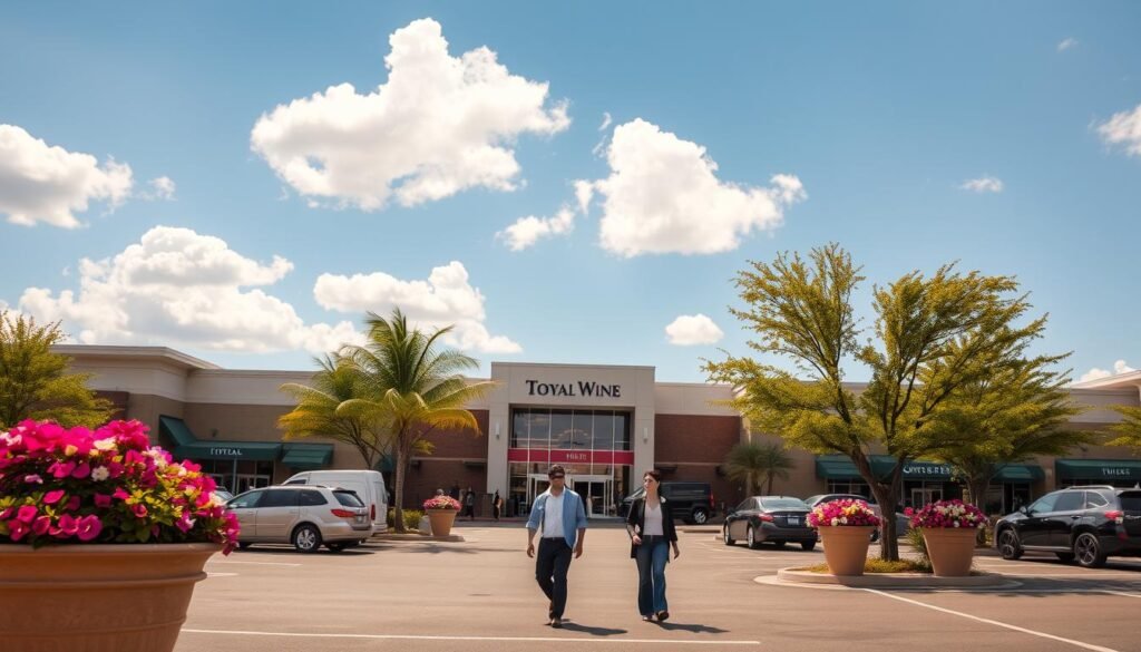 A bustling Towne Mall exterior during the day, showcasing a large glass entrance flanked by vibrant planters filled with colorful flowers. In the foreground, a well-maintained parking lot features a few cars and a couple of people walking in, dressed in smart casual clothing, exuding a friendly atmosphere. The middle ground showcases a variety of stores, with prominent signage, including a sleek Total Wine storefront highlighting its accessibility. In the background, trees are swaying gently in a light breeze under a bright blue sky with fluffy clouds. The scene is illuminated by warm, soft sunlight, creating an inviting and cheerful mood. The angle captures the mall from a slightly elevated perspective, emphasizing the size and welcoming nature of the location while providing a clear view of the surrounding area.