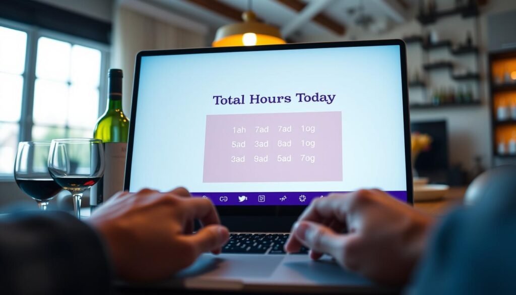 A close-up image depicting a computer screen showing the "Total Wine Hours Today" in a clear, friendly interface. The foreground features a pair of hands typing on a sleek laptop, with a blurred bottle of wine and a glass nearby to add context. In the middle, the display features a clean layout with vibrant colors, highlighting the hours of operation. The background subtly includes a stylish home setting with soft lighting, such as a pendant lamp illuminating the workspace, creating a warm and inviting atmosphere. The image should evoke a sense of convenience and clarity, ideal for customers checking store hours. A close-up image depicting a computer screen showing the "Total Wine Hours Today" in a clear, friendly interface. The foreground features a pair of hands typing on a sleek laptop, with a blurred bottle of wine and a glass nearby to add context. In the middle, the display features a clean layout with vibrant colors, highlighting the hours of operation. The background subtly includes a stylish home setting with soft lighting, such as a pendant lamp illuminating the workspace, creating a warm and inviting atmosphere. The image should evoke a sense of convenience and clarity, ideal for customers checking store hours.
