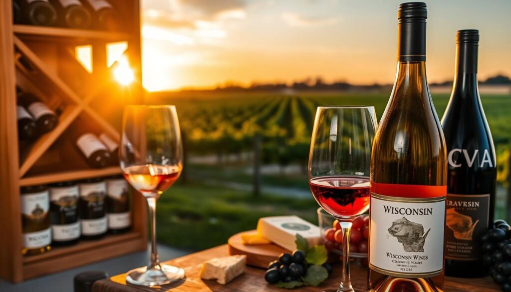 A close-up view of a beautifully arranged wine display featuring a selection of Wisconsin wines. In the foreground, an elegant wooden wine rack showcases an assortment of bottles with unique labels depicting Wisconsin vineyards. A crystal wine glass sits beside an open bottle, with a light red wine swirling gently inside, reflecting the soft warm glow of ambient lighting. In the middle ground, a rustic table is adorned with fresh Wisconsin cheese and grapes, enhancing the local theme. The background features a serene vineyard landscape under a sunset sky, casting a golden hue over the scene. The atmosphere is inviting and cozy, suitable for wine enthusiasts. The image should convey a sense of local pride and warmth, using natural lighting to highlight the richness of the wine. A close-up view of a beautifully arranged wine display featuring a selection of Wisconsin wines. In the foreground, an elegant wooden wine rack showcases an assortment of bottles with unique labels depicting Wisconsin vineyards. A crystal wine glass sits beside an open bottle, with a light red wine swirling gently inside, reflecting the soft warm glow of ambient lighting. In the middle ground, a rustic table is adorned with fresh Wisconsin cheese and grapes, enhancing the local theme. The background features a serene vineyard landscape under a sunset sky, casting a golden hue over the scene. The atmosphere is inviting and cozy, suitable for wine enthusiasts. The image should convey a sense of local pride and warmth, using natural lighting to highlight the richness of the wine.