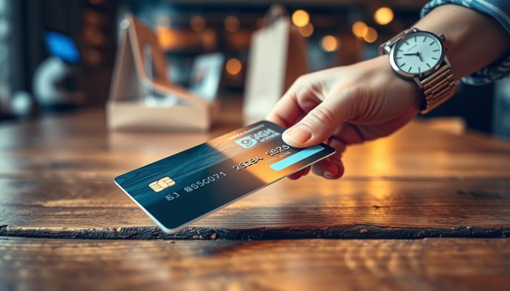A close-up view of a credit card being placed on a rustic wooden table, symbolizing the concept of a refund. In the foreground, the card is slightly angled, showcasing its glossy surface and intricate details. In the middle ground, a hand—wearing a smart business watch—gently holds the edge of the card, emphasizing a sense of deliberation and care. The background features soft out-of-focus elements like a faint cash register or a shopping bag, hinting at retail experiences. Use warm, inviting lighting to create a welcoming atmosphere, with a shallow depth of field to hone in on the card and hand. The overall mood should evoke professionalism and trust, suitable for the financial context of refunds.