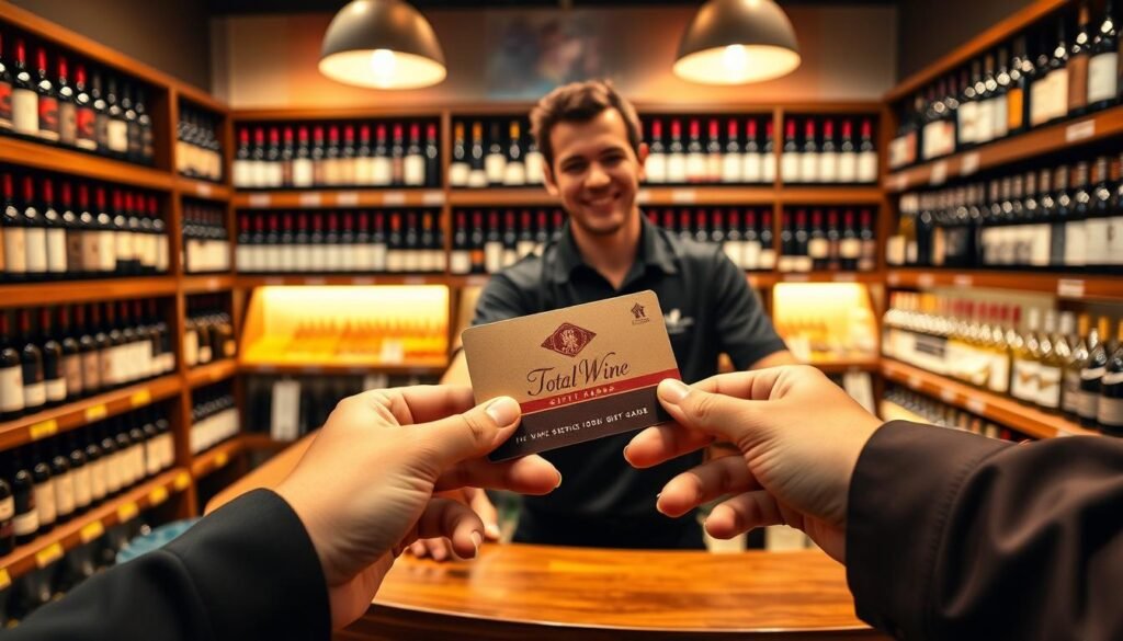 A close-up view of a stylish wine gift card being redeemed at a Total Wine store. In the foreground, a pair of hands in professional attire, gently holding the gift card, showcasing its elegant design, with rich colors and a distinctive logo. The middle ground features a friendly store associate, smiling while assisting the customer, dressed in a neat polo shirt, standing behind a polished wooden counter filled with wine bottles. In the background, shelves lined with various wine selections create a warm, inviting atmosphere. Soft, warm lighting illuminates the scene, enhancing the cozy yet sophisticated vibe of the store. The angle captures a personal interaction, emphasizing the excitement of redeeming a thoughtful gift. A close-up view of a stylish wine gift card being redeemed at a Total Wine store. In the foreground, a pair of hands in professional attire, gently holding the gift card, showcasing its elegant design, with rich colors and a distinctive logo. The middle ground features a friendly store associate, smiling while assisting the customer, dressed in a neat polo shirt, standing behind a polished wooden counter filled with wine bottles. In the background, shelves lined with various wine selections create a warm, inviting atmosphere. Soft, warm lighting illuminates the scene, enhancing the cozy yet sophisticated vibe of the store. The angle captures a personal interaction, emphasizing the excitement of redeeming a thoughtful gift.