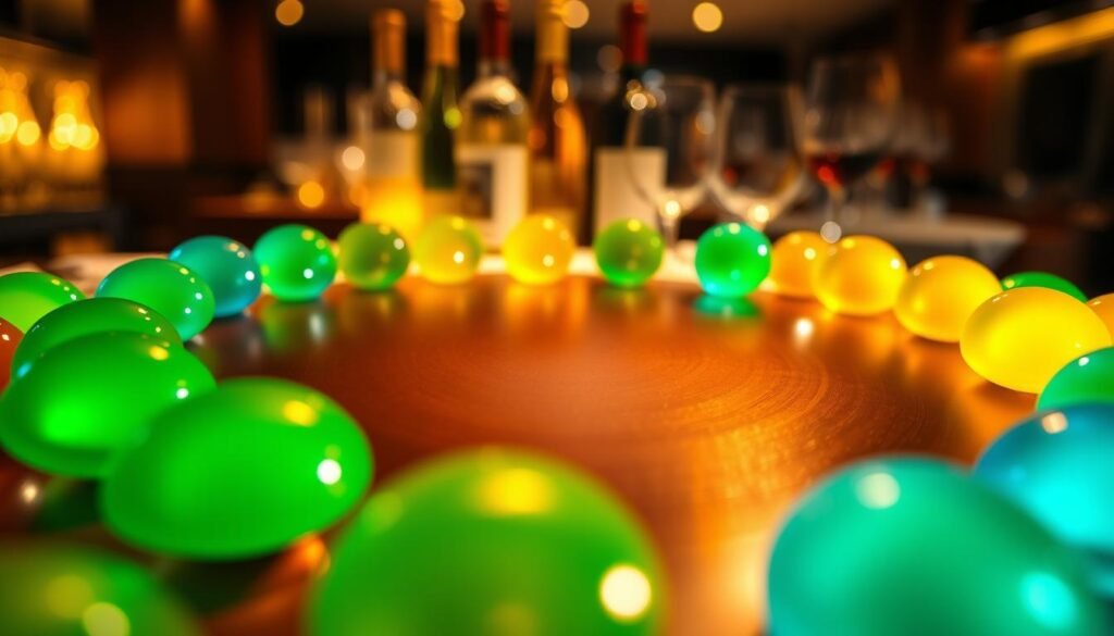 A close-up view of colorful points representing loyalty program benefits, arranged in a dynamic and engaging circular layout. In the foreground, vibrant, translucent circles of varying sizes display shades of green, gold, and blue, symbolizing savings and rewards. The middle layer features a smooth, polished surface reflecting the colors, creating a sense of depth and excitement. In the background, a softly blurred ambiance of elegant wine bottles and glasses cast in warm, inviting light enhances the mood of appreciation and loyalty. The scene is illuminated with a gentle, soft-focus spotlight, highlighting the points and creating a professional yet inviting atmosphere. The composition conveys a sense of joy and satisfaction, inviting viewers to explore the rewards of the loyalty program.