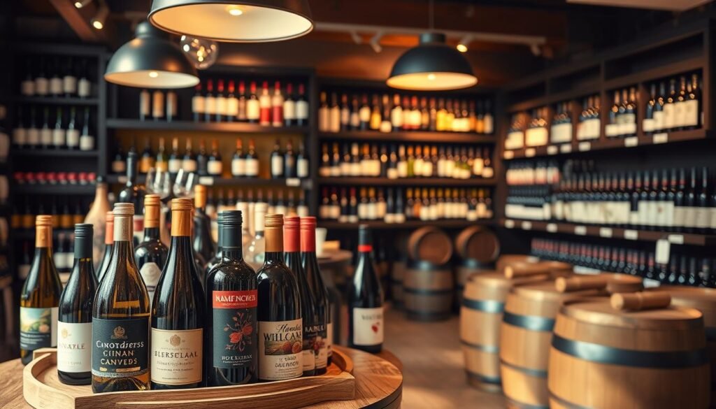 A cozy, elegant wine shop interior showcasing seasonal wine savings. In the foreground, a stylish wooden display table laden with various wine bottles with vibrant labels, some elegantly designed for holiday themes. A soft glow from pendant lights enhances the inviting atmosphere. In the middle, shelves stocked with neatly arranged wine and spirit bottles, creating a visually appealing mosaic of colors and textures. The background features a warm, rustic wine cellar with wooden barrels and dim lighting that conveys a sense of intimacy and warmth. The overall mood is cheerful and inviting, ideal for discovering great bargains on fine wines. The scene is captured with a warm lens filter, emphasizing the rich colors and textures while maintaining a professional, polished look.