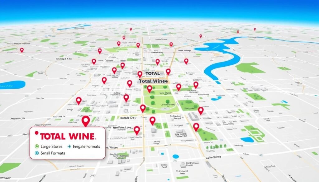 A detailed location map showcasing a network of streets, highlighting various Total Wine locations with clear markers. In the foreground, a well-designed legend indicating store types, such as large and small formats. The middle layer features an accurate layout of suburban neighborhoods, parks, and landmarks, using soft pastel colors for better visual appeal. In the background, a subtle gradient blue sky, suggesting a bright and sunny day, enhances the inviting atmosphere. The map is depicted with a slightly elevated perspective, giving a clear overview while ensuring readability. The lighting is bright and even, creating an accessible and welcoming tone for viewers who are interested in locating Total Wine stores nearby. A detailed location map showcasing a network of streets, highlighting various Total Wine locations with clear markers. In the foreground, a well-designed legend indicating store types, such as large and small formats. The middle layer features an accurate layout of suburban neighborhoods, parks, and landmarks, using soft pastel colors for better visual appeal. In the background, a subtle gradient blue sky, suggesting a bright and sunny day, enhances the inviting atmosphere. The map is depicted with a slightly elevated perspective, giving a clear overview while ensuring readability. The lighting is bright and even, creating an accessible and welcoming tone for viewers who are interested in locating Total Wine stores nearby.