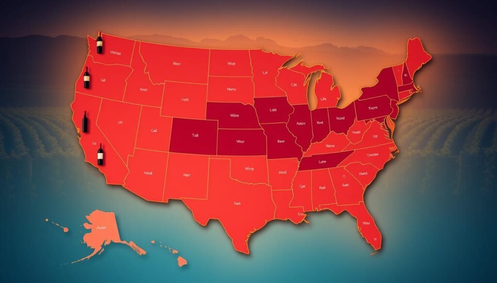 A detailed, stylized map of the United States highlighting the regional availability of Total Wine locations. In the foreground, feature iconic symbols like wine bottles and glasses artistically positioned around state borders. In the middle, use vibrant colors to represent different regions, showcasing areas with dense availability in deep burgundy and less populated areas in lighter shades. In the background, a subtle fading silhouette of wine country vineyards transitions into a blue sky. The lighting is warm and inviting, evoking a sense of discovery and exploration. Use a top-down angle to give an aerial view feel. The mood is informative yet celebratory, capturing the essence of a wine enthusiast's journey across the country.