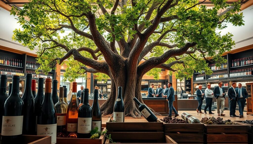 A dynamic representation of "history and growth," featuring a beautifully arranged foreground of vintage wine bottles and old wooden crates showcasing the heritage of a wine business. In the middle ground, a massive oak tree symbolizes strength and longevity, with lush green leaves indicating growth. Behind, a soft-focus depiction of a contemporary wine store interior filled with customers in professional business attire, illustrating the evolution over time. The lighting is warm and inviting, casting gentle shadows that enhance the richness of the scene. The camera angle should be slightly elevated, giving a panoramic view that conveys a sense of progress and connection between past and present, evoking a mood of nostalgia blended with optimism.