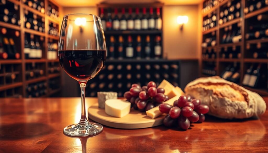 A luxurious glass of deep ruby Cabernet Sauvignon, elegantly placed on a polished wooden table. In the foreground, the wine glistens with subtle reflections, showcasing its rich color and inviting texture. In the middle, a beautifully arranged spread of cheese and grapes complements the wine, with soft, artisanal bread artfully placed beside it. The background features a warm, softly lit wine cellar lined with shelves of various wine bottles, emphasizing a sense of abundance. The lighting is warm and inviting, casting delicate shadows that enhance the mood of sophistication and exploration. Captured from a slight angle to create depth, this image evokes an atmosphere of relaxation and enjoyment, perfect for wine enthusiasts. A luxurious glass of deep ruby Cabernet Sauvignon, elegantly placed on a polished wooden table. In the foreground, the wine glistens with subtle reflections, showcasing its rich color and inviting texture. In the middle, a beautifully arranged spread of cheese and grapes complements the wine, with soft, artisanal bread artfully placed beside it. The background features a warm, softly lit wine cellar lined with shelves of various wine bottles, emphasizing a sense of abundance. The lighting is warm and inviting, casting delicate shadows that enhance the mood of sophistication and exploration. Captured from a slight angle to create depth, this image evokes an atmosphere of relaxation and enjoyment, perfect for wine enthusiasts.