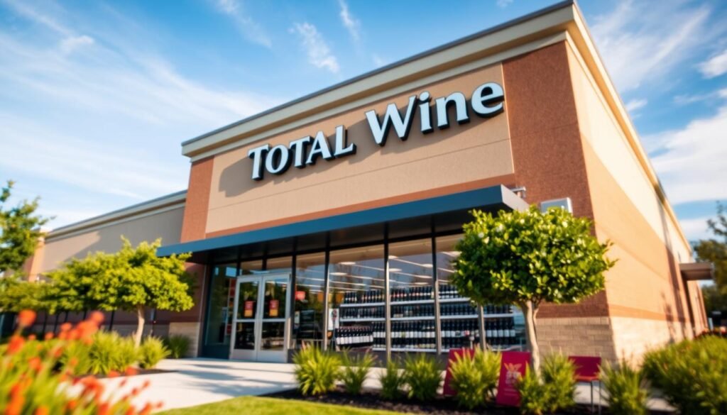 A modern Total Wine store location in Cherry Hill, New Jersey, seen from an inviting angle. In the foreground, showcase the store entrance with large glass doors framed by vibrant greenery and neat landscaping. The middle ground features the store’s prominent signage and a row of well-organized wine displays visible through the windows. The background shows a clear, blue sky with gentle clouds, emphasizing a sunny day ideal for shopping. Use bright and warm lighting to create a welcoming atmosphere. The image should have a slight depth of field effect, focusing on the store while softly blurring the surrounding area, capturing the essence of a friendly neighborhood wine retailer. Ensure no human figures or text elements are present.