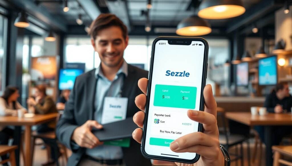 A modern and sleek financial app interface displayed on a smartphone screen, featuring the Sezzle logo prominently, with virtual shopping elements like a cart, checkout process, and a "Buy Now, Pay Later" button. In the foreground, the phone is held by a professional-looking individual dressed in business casual clothing, showcasing an engaged expression while using the app. The middle ground includes a stylish coffee shop setting, with patrons engaged in discussions, and digital screens displaying payment options. The background hints at a bright and welcoming atmosphere with natural light pouring in through large windows. Use soft lighting to create a warm, inviting mood that emphasizes the convenience of modern financial solutions. Ensure the focus is on the app and the user experience without any distractions. A modern and sleek financial app interface displayed on a smartphone screen, featuring the Sezzle logo prominently, with virtual shopping elements like a cart, checkout process, and a "Buy Now, Pay Later" button. In the foreground, the phone is held by a professional-looking individual dressed in business casual clothing, showcasing an engaged expression while using the app. The middle ground includes a stylish coffee shop setting, with patrons engaged in discussions, and digital screens displaying payment options. The background hints at a bright and welcoming atmosphere with natural light pouring in through large windows. Use soft lighting to create a warm, inviting mood that emphasizes the convenience of modern financial solutions. Ensure the focus is on the app and the user experience without any distractions.