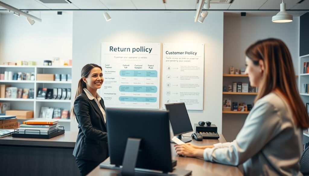 A modern customer service desk in a well-lit, inviting office environment. In the foreground, a professional woman in business attire is attentively assisting a customer at the counter, showing a welcoming smile. On the middle ground, a large poster displays a clear, concise return policy chart, emphasizing key points, while brochures about customer support services are neatly arranged. The background features shelves filled with various products, creating a retail atmosphere, and soft lighting enhances the warm, friendly mood. The angle captures both the customer and the support staff, highlighting their interaction and the inviting atmosphere of the space, conveying professionalism and approachability.