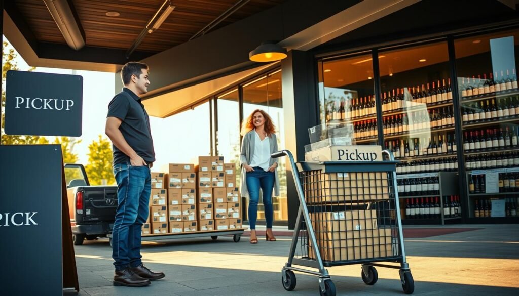 A modern pickup area at a wine retail store, featuring a neatly arranged outdoor loading zone with stylish signage indicating "Pickup". In the foreground, a well-dressed employee in a smart polo and jeans stands next to a sleek, organized cart filled with boxes of wine, ready for delivery. In the middle space, a customer in casual yet professional attire approaches the cart with a smile, showing excitement for their order. The background showcases a vibrant store with large glass windows highlighting an array of wine bottles on display, bathed in warm afternoon sunlight. The angle captures a slight upward tilt, emphasizing the bustling, customer-friendly atmosphere, invoking a sense of convenience and efficiency in the ordering process. The mood is welcoming and inviting, perfect for a seamless shopping experience.