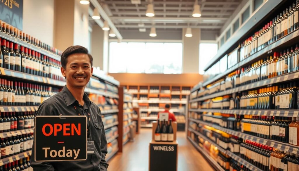 A modern retail store interior featuring a well-organized wine section, showcasing an extensive selection of bottles and neatly arranged shelves. In the foreground, a friendly store employee in professional attire stands next to a sign reading "Open Today," smiling and ready to assist customers. The middle ground highlights aisles filled with various wines, illuminated by warm, inviting lighting that creates a welcoming atmosphere. In the background, large windows reveal bright daylight, giving a sense of openness and cheerfulness. The angle captures the store from a slightly elevated perspective, allowing viewers to appreciate the spacious layout and vibrant product displays. The overall mood is friendly and approachable, perfect for shoppers looking for a pleasant wine-buying experience. A modern retail store interior featuring a well-organized wine section, showcasing an extensive selection of bottles and neatly arranged shelves. In the foreground, a friendly store employee in professional attire stands next to a sign reading "Open Today," smiling and ready to assist customers. The middle ground highlights aisles filled with various wines, illuminated by warm, inviting lighting that creates a welcoming atmosphere. In the background, large windows reveal bright daylight, giving a sense of openness and cheerfulness. The angle captures the store from a slightly elevated perspective, allowing viewers to appreciate the spacious layout and vibrant product displays. The overall mood is friendly and approachable, perfect for shoppers looking for a pleasant wine-buying experience.