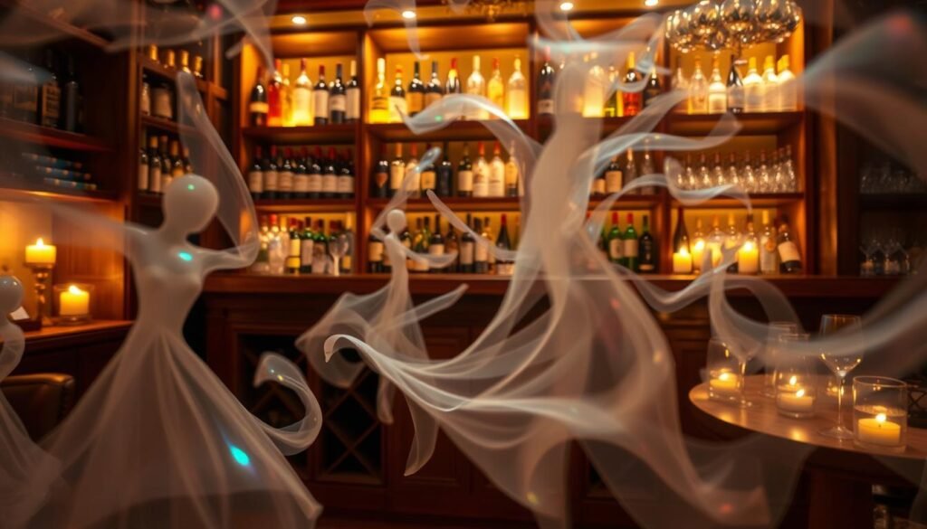 A mystical gathering of translucent spirits, gently swirling in a warmly lit room filled with wine and spirits. In the foreground, soft wisps of light take shape as elegant figures, their forms delicate and ethereal, reflecting a spectrum of colors. In the middle ground, shelves of beautifully arranged bottles glisten, showcasing various wines and liquors, with a rich wooden bar displaying crystal glassware. The background features softly glowing candles and a cozy ambiance, enhancing the feeling of warmth and expertise. The lighting is soft and inviting, creating a dreamlike atmosphere. Shot with a low angle, emphasizing the spirits' graceful movements, evoking a sense of wonder and education in the world of fine beverages.