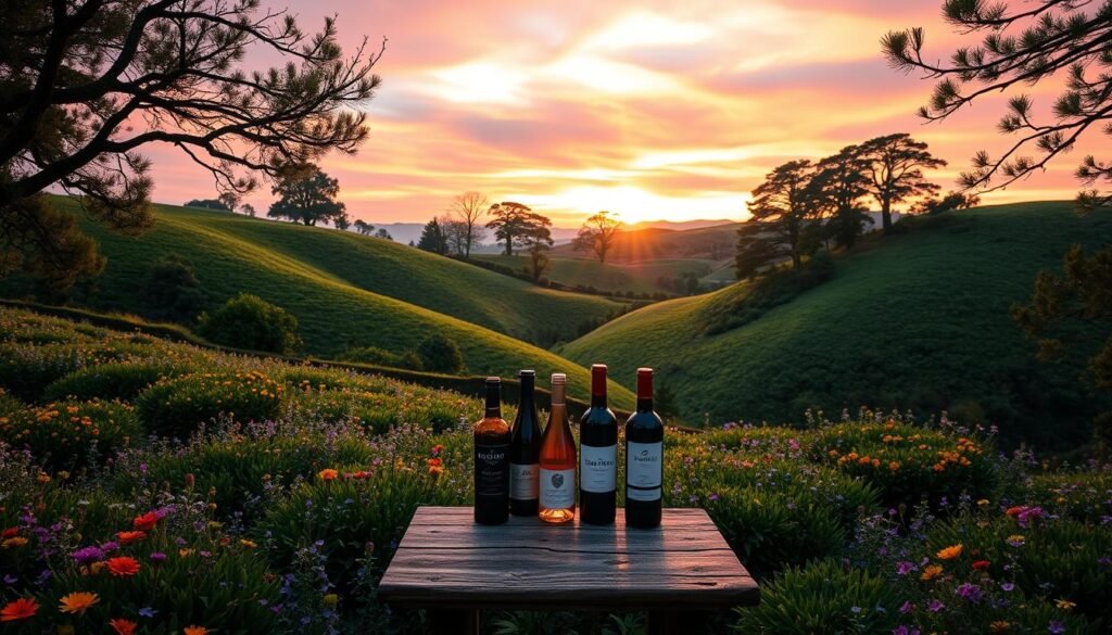 A picturesque scene of woodland hills just before dusk, showcasing rolling green landscapes dotted with vibrant wildflowers. In the foreground, a small rustic wooden table is set with various bottles of wine, reflecting the diverse selection offered at Total Wine & More. The middle ground features gently sloping hills, partially covered in lush foliage, with oak and pine trees creating a natural frame. The background is a dramatic sky painted in soft pinks and oranges as the sun sets, casting golden light across the hills. Capture the mood of serenity and freshness, emphasizing the connection between nature and a fine selection of wines. Use a slight tilt-shift lens effect to soften the edges and create a dreamy atmosphere. A picturesque scene of woodland hills just before dusk, showcasing rolling green landscapes dotted with vibrant wildflowers. In the foreground, a small rustic wooden table is set with various bottles of wine, reflecting the diverse selection offered at Total Wine & More. The middle ground features gently sloping hills, partially covered in lush foliage, with oak and pine trees creating a natural frame. The background is a dramatic sky painted in soft pinks and oranges as the sun sets, casting golden light across the hills. Capture the mood of serenity and freshness, emphasizing the connection between nature and a fine selection of wines. Use a slight tilt-shift lens effect to soften the edges and create a dreamy atmosphere.