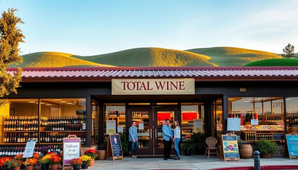 A picturesque view of the Woodland Hills Total Wine store, showcasing an inviting storefront with large glass windows displaying an array of wine bottles. In the foreground, a neatly arranged outdoor display features seasonal plants and promotional signs, while friendly staff in professional attire are assisting customers. The middle of the composition captures the vibrant entrance of the store, adorned with a welcoming banner and elegantly crafted wooden doors. In the background, rolling green hills under a soft blue sky provide a serene backdrop, illuminated by warm, golden hour lighting, enhancing the overall welcoming atmosphere. The scene conveys a sense of community and accessibility, ideal for illustrating standard operational hours and schedules in a retail environment. A picturesque view of the Woodland Hills Total Wine store, showcasing an inviting storefront with large glass windows displaying an array of wine bottles. In the foreground, a neatly arranged outdoor display features seasonal plants and promotional signs, while friendly staff in professional attire are assisting customers. The middle of the composition captures the vibrant entrance of the store, adorned with a welcoming banner and elegantly crafted wooden doors. In the background, rolling green hills under a soft blue sky provide a serene backdrop, illuminated by warm, golden hour lighting, enhancing the overall welcoming atmosphere. The scene conveys a sense of community and accessibility, ideal for illustrating standard operational hours and schedules in a retail environment.