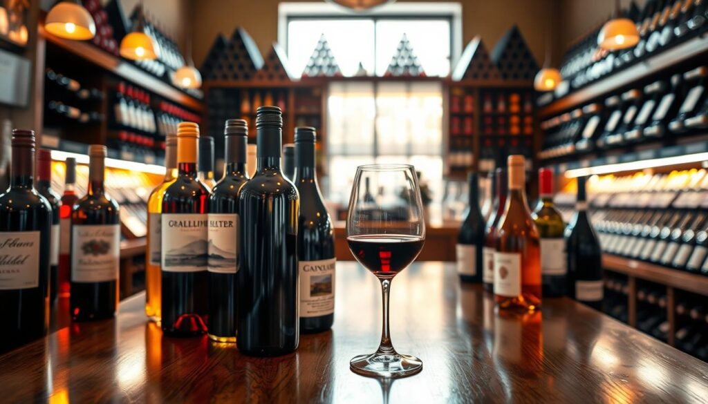 A polished wooden table in a cozy, well-lit wine shop. In the foreground, a beautifully arranged selection of various wine bottles, showcasing rich reds, crisp whites, and sparkling rosés, some with elegant labels. In the middle, a soft-focus display featuring a half-empty wine glass filled with deep crimson wine, reflecting warm light. The background shows neatly organized shelves filled with wine pyramids, adorned with soft ambient lighting. The scene conveys a welcoming atmosphere, inviting patrons, especially seniors, to explore their options. The lighting is warm and inviting, suggesting late afternoon sunlight filtering through a window. The overall mood is sophisticated yet approachable, embodying the charm of a wine appreciation experience.
