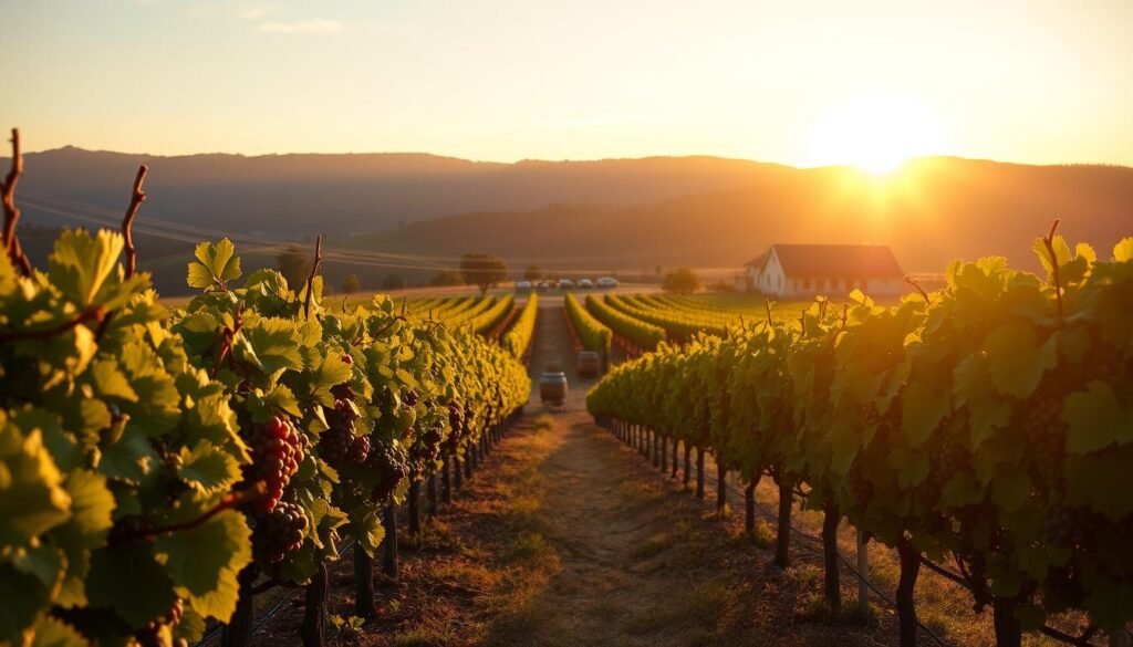A serene vineyard landscape under a golden sunset, showcasing rows of lush grapevines heavy with ripe grapes in the foreground. In the middle ground, wooden barrels are arranged neatly, with a few bottles of elegant winery direct wines displayed prominently. The background features rolling hills, with a quaint winery building nestled among them. Soft, warm lighting illuminates the scene, casting gentle shadows that enhance the textures of the vines and barrels. A sense of tranquility and sophistication pervades the atmosphere, making it inviting and rich, ideal for an article on wine discounts. Use a wide-angle lens to capture the breadth of the vineyard and ensure depth in the composition, emphasizing the connection between nature and fine wines.
