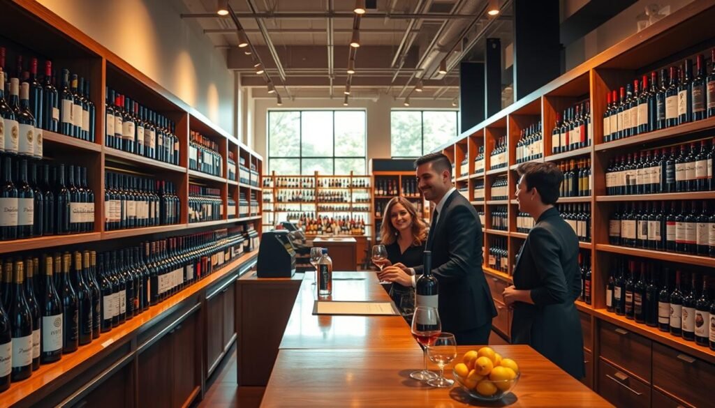 A sophisticated and inviting scene of a modern wine shop, showcasing beautifully arranged wine bottles on sleek wooden shelves. In the foreground, a polished wooden tasting counter where a friendly staff member in a smart casual outfit is guiding a couple of customers. The middle ground features well-lit aisles lined with various types of wines, emphasizing diversity through colors and labels. The background has large windows letting in soft, warm natural light, creating a welcoming atmosphere. The entire space exudes a sense of discovery and exploration, subtly hinting at the excitement of finding local Total Wine locations. The setting is clean and organized, evoking a professional yet inviting mood, captured with a slightly elevated angle to encompass the spacious layout.