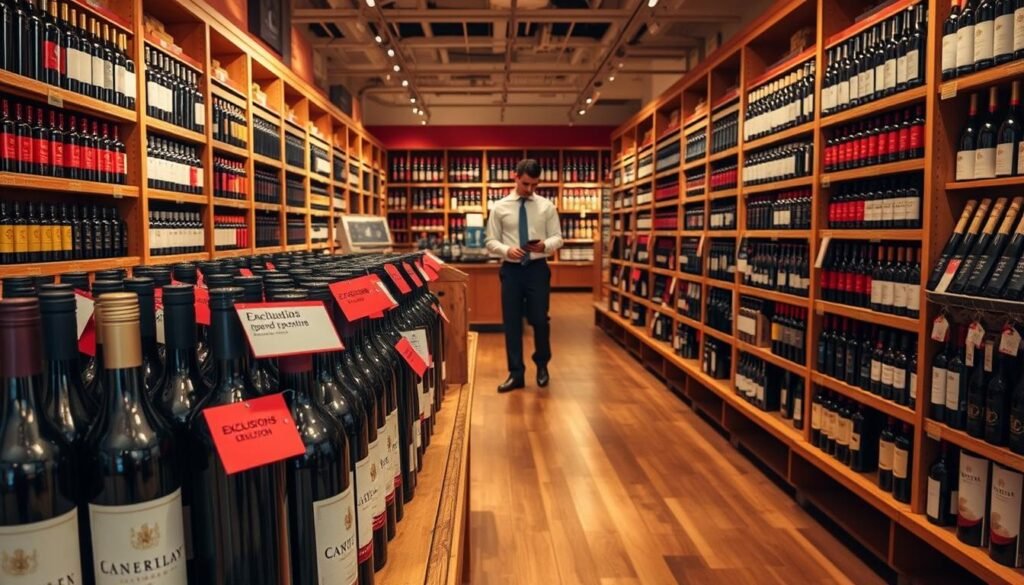 A spacious wine shop interior showcasing a wide variety of wine bottles organized neatly on wooden shelves. In the foreground, focus on a prominent display of wine bottles labeled with red tags indicating exclusions, such as opened bottles and seasonal items. The middle ground features a store employee in a neat professional attire, thoughtfully arranging the display while examining a wine bottle. The background reveals rows of wine bottles under warm, inviting lighting, creating a cozy atmosphere. Soft shadows are cast along the polished wood floor, adding depth to the scene. The overall mood is informative and engaging, reflecting a welcoming atmosphere for customers while emphasizing the exclusions from the return policy.