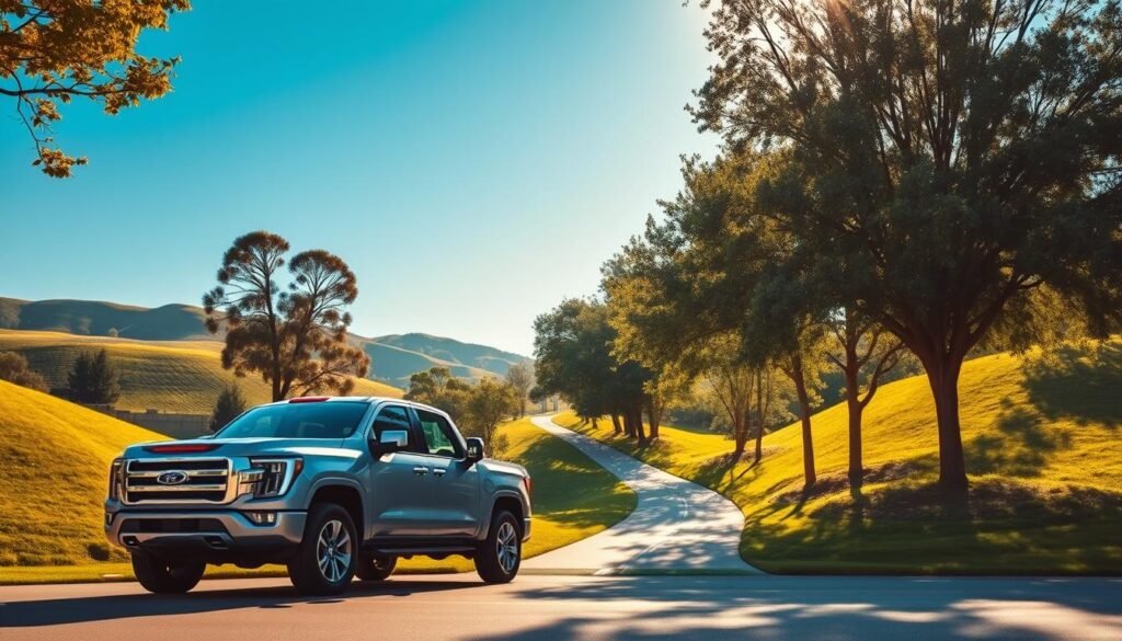 A tranquil scene of a modern pickup truck parked in the scenic Woodland Hills, surrounded by lush greenery and gentle rolling hills under a bright blue sky. In the foreground, the pickup, sleek and shiny, is captured from a low angle to emphasize its design and features. The middle ground showcases a winding path leading through the vibrant landscape, inviting shoppers and families. Tall trees with dense foliage line the path, creating a sense of serenity and nature. Soft, warm sunlight filters through the leaves, casting dappled shadows on the ground, enhancing the inviting atmosphere. The overall mood is one of comfort and accessibility, reflecting modern convenience amid natural beauty. No people are present, ensuring a focus on the vehicle and setting. A tranquil scene of a modern pickup truck parked in the scenic Woodland Hills, surrounded by lush greenery and gentle rolling hills under a bright blue sky. In the foreground, the pickup, sleek and shiny, is captured from a low angle to emphasize its design and features. The middle ground showcases a winding path leading through the vibrant landscape, inviting shoppers and families. Tall trees with dense foliage line the path, creating a sense of serenity and nature. Soft, warm sunlight filters through the leaves, casting dappled shadows on the ground, enhancing the inviting atmosphere. The overall mood is one of comfort and accessibility, reflecting modern convenience amid natural beauty. No people are present, ensuring a focus on the vehicle and setting.