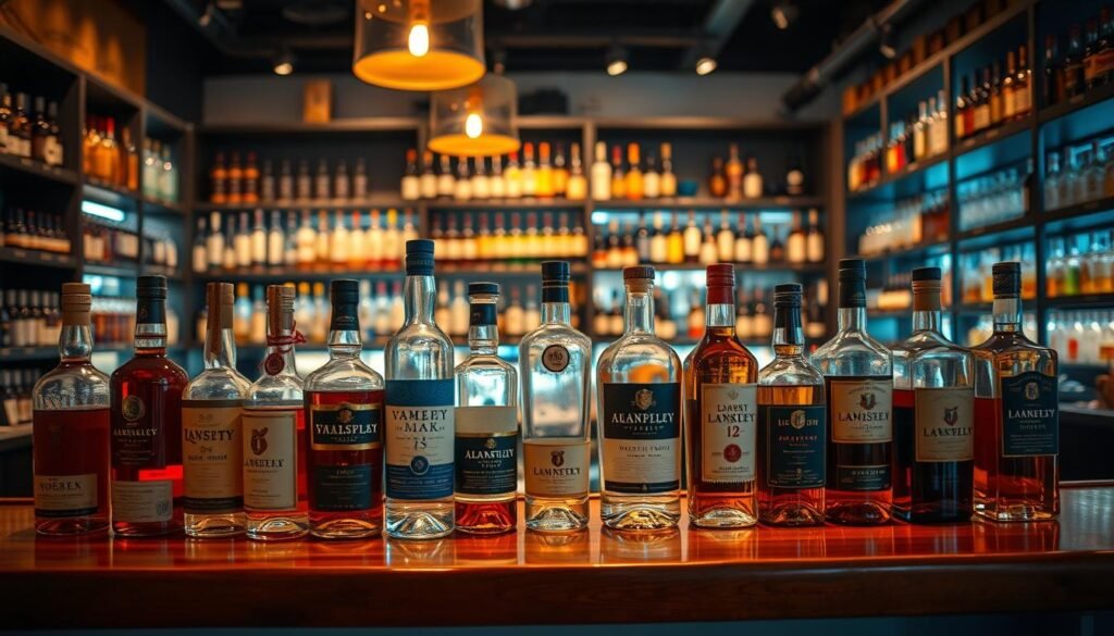 A vibrant and inviting display of various spirits, including bottles of whiskey, vodka, and rum, arranged elegantly on a polished wooden bar counter. In the foreground, the bottles are artfully lit to highlight their shapes and colors, reflecting the warm glow of ambient lighting. The middle ground features a well-stocked shelf of spirits, each label clearly visible, suggesting a wide selection. The background showcases a softly blurred interior of a modern liquor store, with stylish shelving and tasteful décor, inviting customers to explore. The atmosphere is lively and welcoming, evoking a sense of celebration and convenience. The lighting is warm and soft, with a slight bokeh effect emphasizing the rich tones of the spirits, creating a cozy shopping experience.