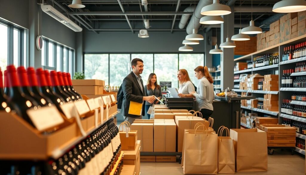A vibrant and inviting grocery store pickup area, showcasing various options for picking up orders. In the foreground, a well-organized, modern display with neatly stacked bottles of wine, boxes, and shopping bags ready for customers. The middle ground features a friendly staff member, dressed in professional attire, assisting a couple as they approach the pickup counter. The background includes large windows allowing natural light to fill the space, enhancing the warm and welcoming atmosphere. Soft, diffused lighting highlights the products, while a slight depth of field focuses on the staff and customers, creating an engaging scene. The overall mood is friendly and efficient, ideal for shoppers looking for convenience in their wine purchases. A vibrant and inviting grocery store pickup area, showcasing various options for picking up orders. In the foreground, a well-organized, modern display with neatly stacked bottles of wine, boxes, and shopping bags ready for customers. The middle ground features a friendly staff member, dressed in professional attire, assisting a couple as they approach the pickup counter. The background includes large windows allowing natural light to fill the space, enhancing the warm and welcoming atmosphere. Soft, diffused lighting highlights the products, while a slight depth of field focuses on the staff and customers, creating an engaging scene. The overall mood is friendly and efficient, ideal for shoppers looking for convenience in their wine purchases.