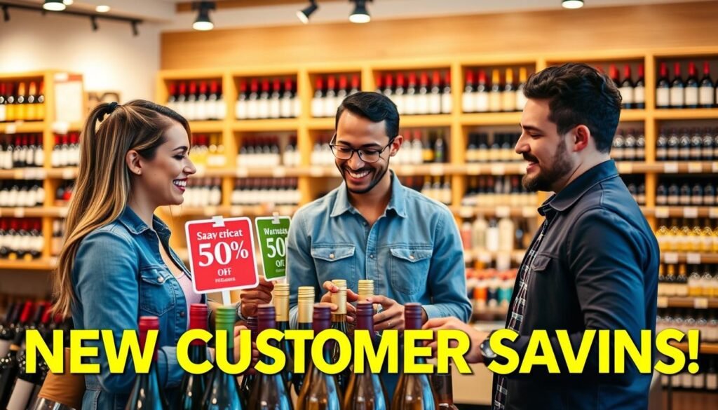 A vibrant and inviting image illustrating the concept of new customer savings at a wine store. In the foreground, a diverse group of three customers—two women and one man—are smiling as they examine a selection of wine bottles, clearly pleased with their savings. In the middle ground, a well-organized display of various wine types, including red, white, and sparkling, adorned with bold discount signs and promotional tags. The background shows a modern, brightly lit wine retail space with wooden shelves and a welcoming ambiance. Soft, warm lighting highlights the products to evoke a sense of value and celebration. The atmosphere is friendly and encouraging, emphasizing the benefits of shopping as a new customer.