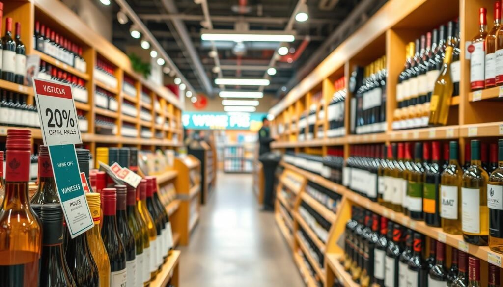 A vibrant and inviting image of a wine store showcasing exceptional deals and competitive pricing. In the foreground, a neatly arranged display of colorful wine bottles and promotional tags highlighting discounts, such as "20% off" or "Buy One Get One Free," creating an enticing atmosphere. The middle ground features a well-organized aisle lined with assorted wines, ranging from reds to whites, offering a sense of abundance. In the background, soft lighting casts a warm glow over the wooden shelves, enhancing the cozy shopping experience. The angle captures a wide view of the store, inviting customers in with a friendly, welcoming ambiance, evoking a sense of excitement and discovery in a professional setting.