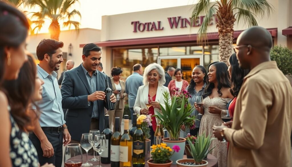 A vibrant community scene depicting a diverse group of professional individuals engaging in a lively outdoor gathering. In the foreground, a small cluster of people in smart casual attire, including a person of Hispanic descent explaining wine varieties to an African American couple. The middle section features a beautifully arranged table showcasing various wine bottles and glasses, surrounded by potted plants and colorful flowers to enhance the inviting atmosphere. In the background, a warm sunset casts soft golden light, illuminating a picturesque storefront of Total Wine Palm Desert, with palm trees swaying gently in a light breeze. The overall mood is joyful and cooperative, capturing the essence of community engagement and connection. Use a wide-angle lens to emphasize the gathering and create a warm, inviting ambiance.