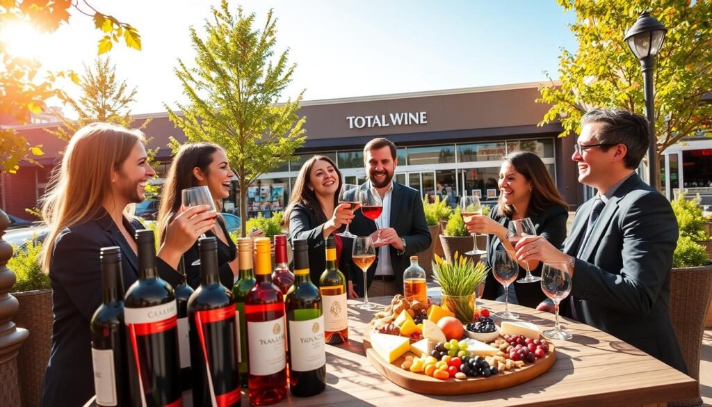 A vibrant outdoor gathering at Total Wine Cherry Hill, featuring a diverse group of friends enjoying a sunny afternoon. In the foreground, a table adorned with elegantly arranged wine bottles and glasses, complemented by a charcuterie board filled with colorful cheeses, fruits, and nuts. In the middle, a group of four individuals dressed in professional business attire, laughing and toasting with their glasses, capturing the joy of shared social moments. The background showcases lush greenery and the sleek facade of Total Wine, under a clear blue sky. Soft golden sunlight illuminates the scene, creating a warm, inviting atmosphere perfect for celebrating friendship and connection.