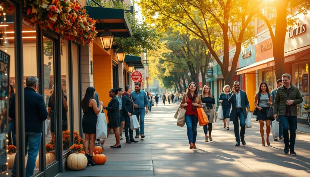 A vibrant street scene during the late afternoon, showcasing several stores with their doors wide open, inviting last-minute shoppers. The foreground features a well-lit storefront decorated for Thanksgiving, with autumn leaves and pumpkins. The middle ground shows a diverse group of people, dressed in smart casual clothing, happily entering and exiting the stores, carrying shopping bags filled with assorted items. In the background, colorful storefronts line the street, with warm lights glowing, creating a cozy atmosphere. Soft golden sunlight filters through the trees, casting playful shadows on the pavement. The angle captures an inviting perspective, emphasizing abundance and accessibility, evoking a sense of urgency yet joy in the air as shoppers seek last-minute options for Thanksgiving. A vibrant street scene during the late afternoon, showcasing several stores with their doors wide open, inviting last-minute shoppers. The foreground features a well-lit storefront decorated for Thanksgiving, with autumn leaves and pumpkins. The middle ground shows a diverse group of people, dressed in smart casual clothing, happily entering and exiting the stores, carrying shopping bags filled with assorted items. In the background, colorful storefronts line the street, with warm lights glowing, creating a cozy atmosphere. Soft golden sunlight filters through the trees, casting playful shadows on the pavement. The angle captures an inviting perspective, emphasizing abundance and accessibility, evoking a sense of urgency yet joy in the air as shoppers seek last-minute options for Thanksgiving.