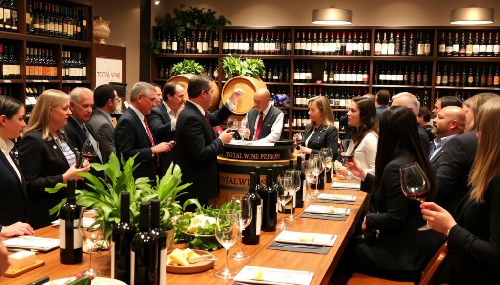 A vibrant wine tasting event set in the elegant interior of Total Wine Madison. In the foreground, a long wooden table is beautifully arranged with an array of wine bottles, crystal glasses, and aromatic cheese platters. Attendees in professional business attire are engaged in conversation and sampling wines, with expressions of delight and curiosity. The middle ground features a tasting station with a knowledgeable sommelier presenting wines, surrounded by decorative wine barrels and lush greenery. The background showcases shelves stocked with an impressive selection of wines, neatly organized by region. Soft, warm lighting casts a welcoming glow throughout the room, enhancing the atmosphere of sophistication and learning. The image captures a sense of community and education, inviting viewers to partake in the experience.