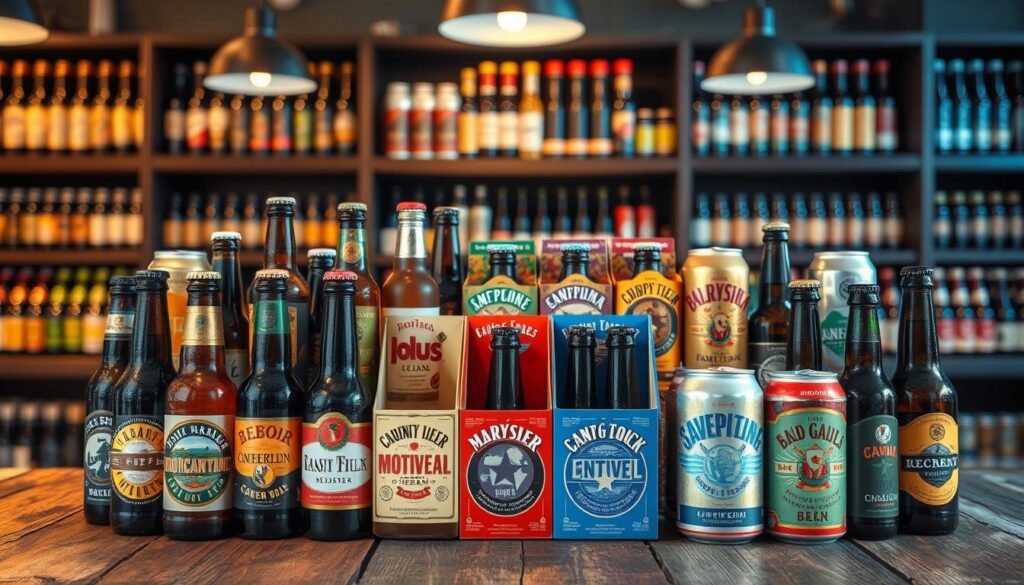 A visually captivating display of an array of beer bottles and cans, showcasing a variety of styles and flavors in a well-organized arrangement. The foreground features an assortment of craft beers, each with unique and colorful labels, artfully positioned on a rustic wooden table. In the middle ground, a selection of variety packs with different beer types is arranged, invitingly presented with some open to reveal the contents. The background features soft, ambient lighting creating a warm, inviting atmosphere, with blurred shelves of beer options to suggest richness and diversity. The scene should evoke a sense of exploration and excitement, perfect for beer enthusiasts. Capture it from a slightly elevated angle using a soft-focus lens to enhance the inviting nature of the display.