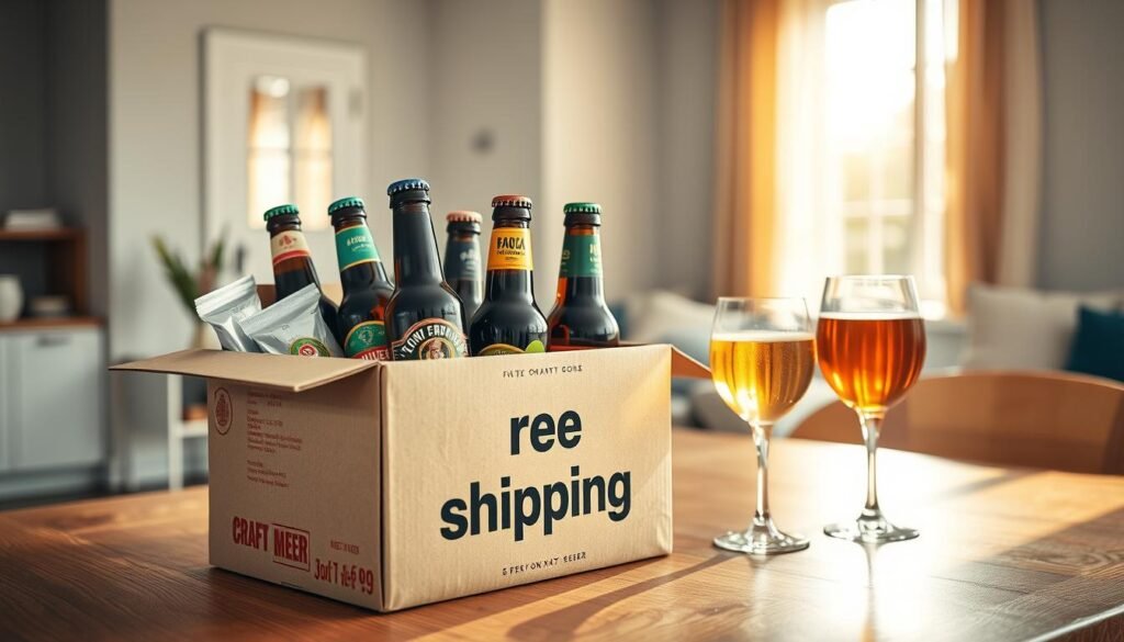 A visually captivating scene depicting "free shipping" centered around a large, attractive cardboard box filled with assorted beer bottles, emphasizing a selection of craft beers. In the foreground, the box is open, revealing colorful labels and ice packs to suggest freshness. The middle ground features a clean, modern home setting with a polished wooden table and a couple of elegant beer glasses partially filled, hinting at a relaxed atmosphere. In the background, a sunny window casts warm, inviting light over the scene, enhancing the cozy feel. Use a shallow depth of field to keep the focus on the box and beers while softly blurring the background. Overall, the mood should be welcoming and celebratory, evoking the joy of convenient delivery. A visually captivating scene depicting "free shipping" centered around a large, attractive cardboard box filled with assorted beer bottles, emphasizing a selection of craft beers. In the foreground, the box is open, revealing colorful labels and ice packs to suggest freshness. The middle ground features a clean, modern home setting with a polished wooden table and a couple of elegant beer glasses partially filled, hinting at a relaxed atmosphere. In the background, a sunny window casts warm, inviting light over the scene, enhancing the cozy feel. Use a shallow depth of field to keep the focus on the box and beers while softly blurring the background. Overall, the mood should be welcoming and celebratory, evoking the joy of convenient delivery.