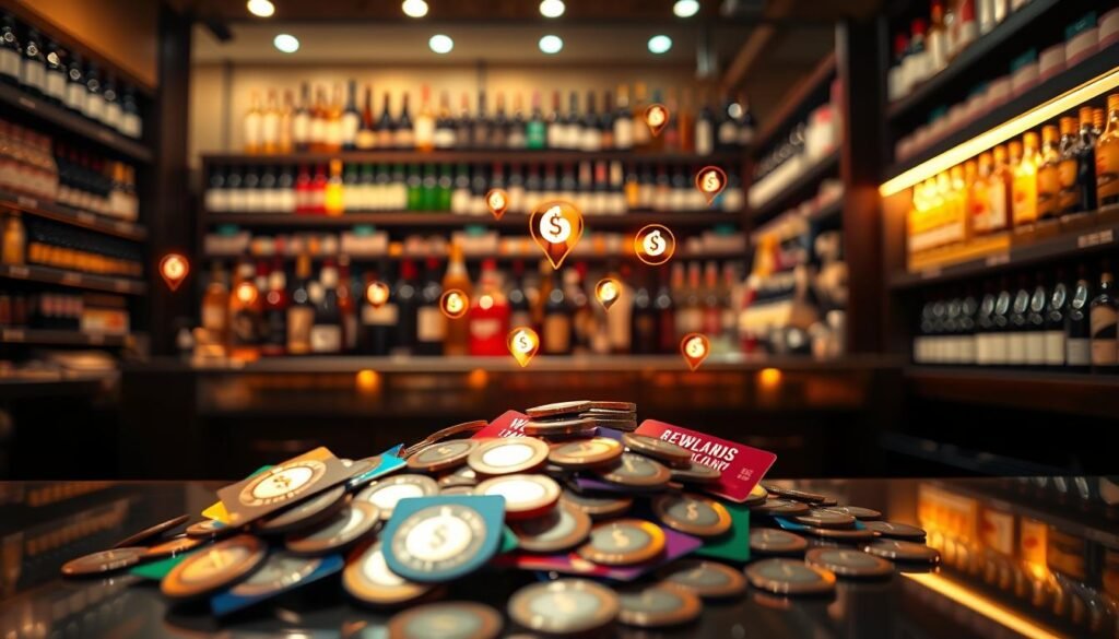 A visually engaging depiction of "rewards points" symbolizing a loyalty program for savings. In the foreground, a pile of colorful, shining loyalty cards and digital points displayed as bright, floating icons. In the middle, an elegant, polished countertop filled with various beer bottles and products from Total Wine, subtly illuminated by warm, soft lighting to evoke a welcoming atmosphere. The background shows a blurred image of shelves stocked with more beverages, enhancing the theme of abundance and savings. The scene is shot from a low angle, giving a sense of depth and inviting the viewer to explore the offerings. The overall mood conveys excitement and anticipation, making it appealing for those eager to maximize their savings. A visually engaging depiction of "rewards points" symbolizing a loyalty program for savings. In the foreground, a pile of colorful, shining loyalty cards and digital points displayed as bright, floating icons. In the middle, an elegant, polished countertop filled with various beer bottles and products from Total Wine, subtly illuminated by warm, soft lighting to evoke a welcoming atmosphere. The background shows a blurred image of shelves stocked with more beverages, enhancing the theme of abundance and savings. The scene is shot from a low angle, giving a sense of depth and inviting the viewer to explore the offerings. The overall mood conveys excitement and anticipation, making it appealing for those eager to maximize their savings.