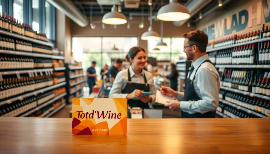 A welcoming Total Wine store interior, showcasing neatly arranged shelves filled with a variety of wine bottles, beers, and spirits. In the foreground, an elegantly designed Total Wine gift card displayed on a wooden counter, illuminated by soft overhead lighting that highlights its vibrant colors and branding. The middle portion of the image features a friendly sales representative in professional attire assisting a customer, both engaged in a consultation about purchasing gift cards. In the background, large windows allow natural light to flow in, revealing a cozy shopping atmosphere with customers browsing. The mood is warm and inviting, emphasizing the excitement of gift-giving. No logos or text should appear in the image. A welcoming Total Wine store interior, showcasing neatly arranged shelves filled with a variety of wine bottles, beers, and spirits. In the foreground, an elegantly designed Total Wine gift card displayed on a wooden counter, illuminated by soft overhead lighting that highlights its vibrant colors and branding. The middle portion of the image features a friendly sales representative in professional attire assisting a customer, both engaged in a consultation about purchasing gift cards. In the background, large windows allow natural light to flow in, revealing a cozy shopping atmosphere with customers browsing. The mood is warm and inviting, emphasizing the excitement of gift-giving. No logos or text should appear in the image.