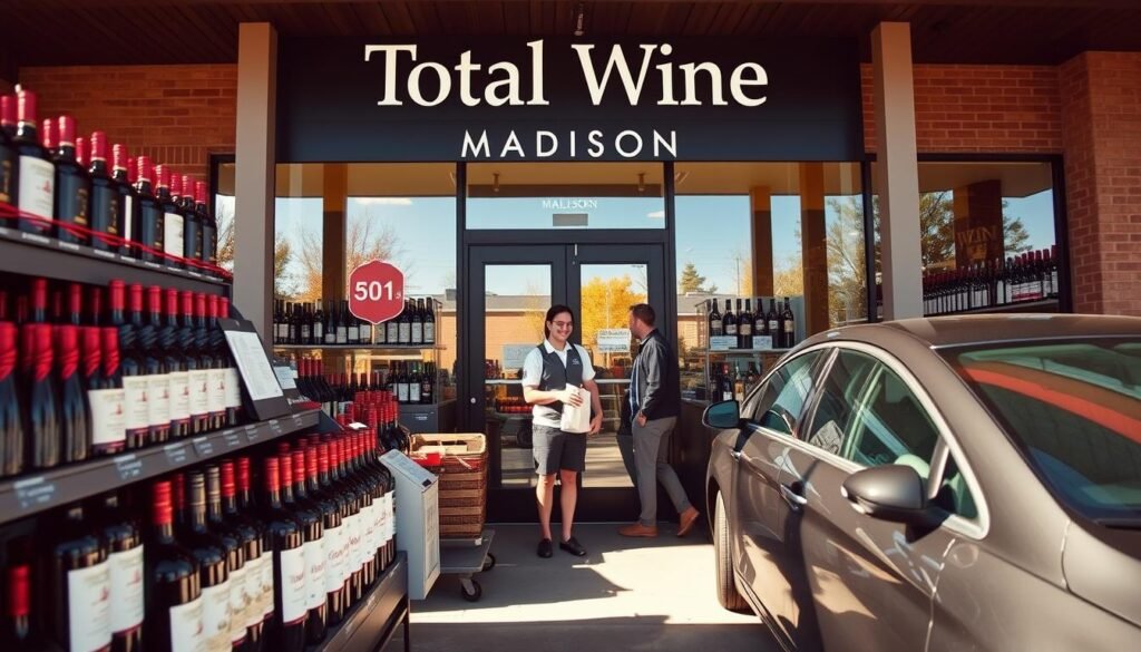 A welcoming storefront of a wine shop featuring "Total Wine Madison," with an inviting curbside pickup area. In the foreground, display neatly arranged wine bottles and premium spirits all labeled clearly, inspiring taste and selection. The middle section showcases a friendly employee dressed in a professional outfit, efficiently assisting a customer loading their order into a car parked nearby. The background contains a bright, modern exterior of the shop, complete with large glass windows reflecting the sunny sky. Soft afternoon sunlight bathes the scene, creating a warm and inviting atmosphere. Use a wide-angle lens to capture the full depth of the environment, ensuring a friendly and approachable vibe that emphasizes convenience and service.