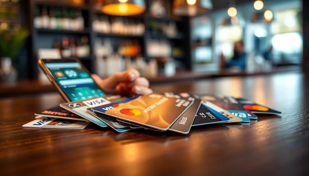 A well-lit, close-up view of a collection of accepted credit and debit cards arranged artfully on a sleek, dark wooden surface. In the foreground, show several recognizable brand cards such as Visa, Mastercard, and Discover, clearly displaying their distinctive designs and colors. In the middle ground, incorporate a modern smartphone partially visible, showcasing a digital wallet app, hinting at payment technology. The background features a softly blurred bar setting with warm, inviting lighting, creating a cozy shopping atmosphere. Utilize a soft-focus lens effect to emphasize the cards while maintaining a professional, polished look. The mood should be vibrant and welcoming, capturing the ease and convenience of various payment options available for customers. A well-lit, close-up view of a collection of accepted credit and debit cards arranged artfully on a sleek, dark wooden surface. In the foreground, show several recognizable brand cards such as Visa, Mastercard, and Discover, clearly displaying their distinctive designs and colors. In the middle ground, incorporate a modern smartphone partially visible, showcasing a digital wallet app, hinting at payment technology. The background features a softly blurred bar setting with warm, inviting lighting, creating a cozy shopping atmosphere. Utilize a soft-focus lens effect to emphasize the cards while maintaining a professional, polished look. The mood should be vibrant and welcoming, capturing the ease and convenience of various payment options available for customers.