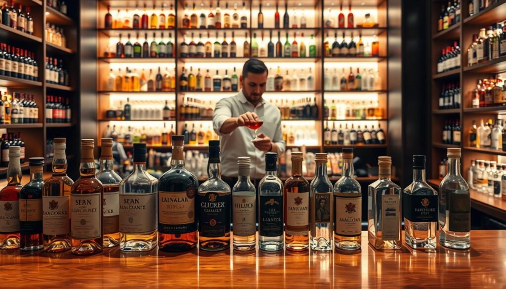 An elegant display of assorted spirits arranged on polished wooden shelves in a warmly lit wine and spirits store. In the foreground, showcase a variety of bottles, including whiskey, rum, vodka, and gin, each with unique labels and designs, glimmering in the soft light. The middle ground features a professional bartender, dressed in a crisp white shirt and black slacks, gracefully pouring a drink into a glass, emphasizing a dynamic interaction with the spirits. In the background, shelves filled with more bottles are softly illuminated, casting inviting shadows that create depth. The atmosphere is sophisticated and welcoming, conveying a sense of discovery and indulgence in an exceptional selection. Use a warm color palette, focusing on rich amber and deep greens, to enhance the inviting mood.