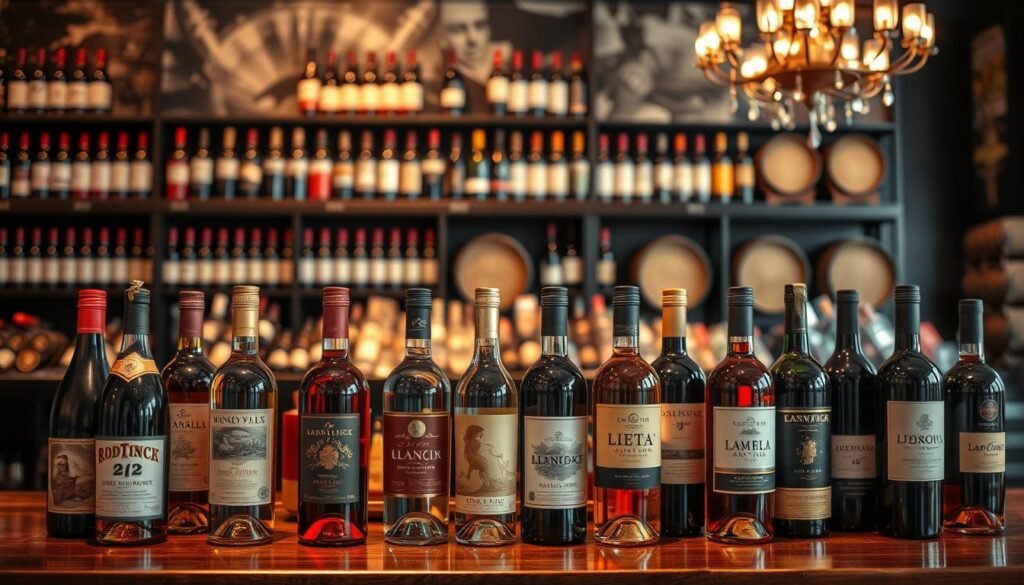 An elegantly arranged selection of fine wines and spirits, displayed on a polished wooden table in a well-lit, upscale wine shop. In the foreground, various bottles of wine and spirits showcase artistic labels and rich colors, glistening in warm, soft lighting. The middle ground captures a backdrop of neatly organized shelves filled with an array of bottles, some with intricate, vintage designs. The background features soft-focus images of wine barrels and decorative ambient lighting that enhances the sophisticated atmosphere. The overall mood is inviting and luxurious, with a hint of opulence, perfect for showcasing an extensive selection of fine beverages in an elegant setting. An elegantly arranged selection of fine wines and spirits, displayed on a polished wooden table in a well-lit, upscale wine shop. In the foreground, various bottles of wine and spirits showcase artistic labels and rich colors, glistening in warm, soft lighting. The middle ground captures a backdrop of neatly organized shelves filled with an array of bottles, some with intricate, vintage designs. The background features soft-focus images of wine barrels and decorative ambient lighting that enhances the sophisticated atmosphere. The overall mood is inviting and luxurious, with a hint of opulence, perfect for showcasing an extensive selection of fine beverages in an elegant setting.