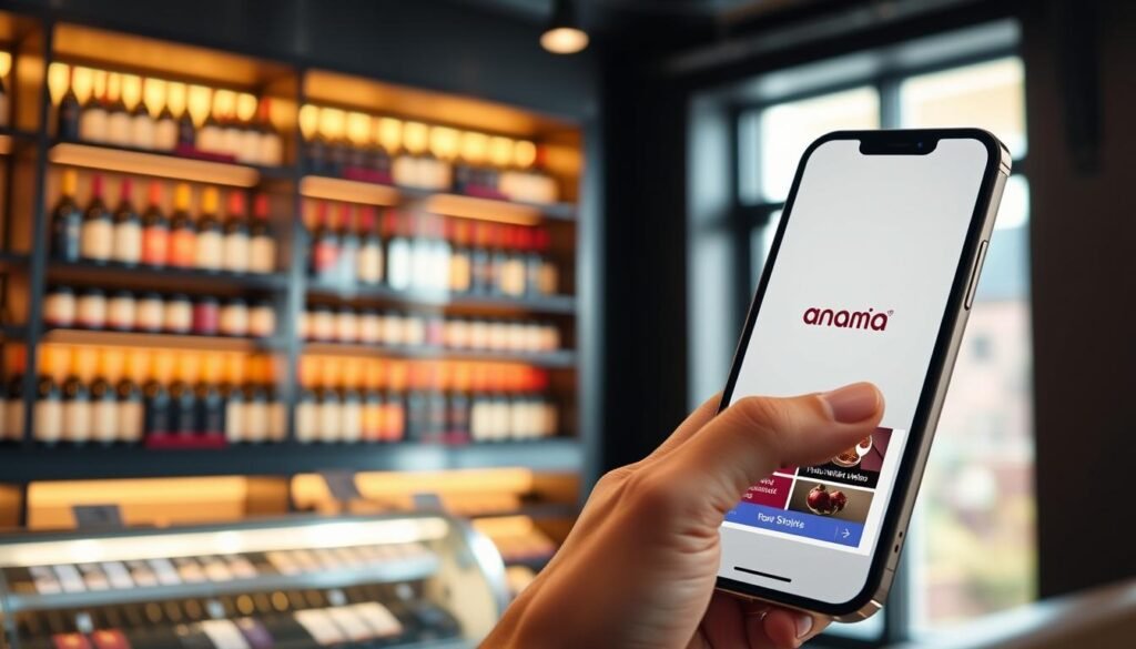 An inviting, well-lit mobile app interface displayed on a modern smartphone with a sleek design, showcasing the Total Wine app prominently on the screen. The foreground features a hand gently holding the phone, indicating user interaction. The background depicts an elegant wine display, with shelves filled with various wine bottles, illuminated softly to create a warm and sophisticated atmosphere. The scene conveys a sense of convenience and accessibility, perfect for mobile shopping. Natural daylight filters in through a nearby window, casting a soft glow, enhancing the inviting ambiance. The overall mood is friendly and engaging, illustrating the benefits of using the Total Wine mobile app without any text or distractions. An inviting, well-lit mobile app interface displayed on a modern smartphone with a sleek design, showcasing the Total Wine app prominently on the screen. The foreground features a hand gently holding the phone, indicating user interaction. The background depicts an elegant wine display, with shelves filled with various wine bottles, illuminated softly to create a warm and sophisticated atmosphere. The scene conveys a sense of convenience and accessibility, perfect for mobile shopping. Natural daylight filters in through a nearby window, casting a soft glow, enhancing the inviting ambiance. The overall mood is friendly and engaging, illustrating the benefits of using the Total Wine mobile app without any text or distractions.