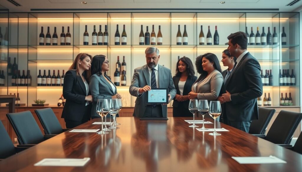 In a serene, well-lit office setting, a diverse group of professionals in business attire stands around a large conference table, engaging in a collaborative discussion. The foreground features a polished wooden table adorned with wine glasses and tasting notes, symbolizing expertise and sophistication. In the middle ground, one team member points at a digital tablet displaying wine selection data, while others attentively listen, showcasing a sense of teamwork and guidance. The background is decorated with elegant shelves filled with various wine bottles, bathed in soft, warm lighting that enhances the inviting atmosphere. The overall mood is one of professionalism and camaraderie, reflecting a commitment to expert guidance in the world of wine selection.